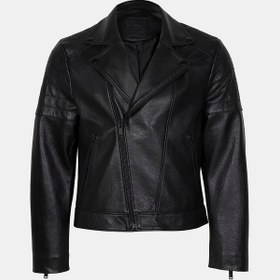 Resim Erkek Siyah Kapitone Dikişli Deri Biker Ceket 