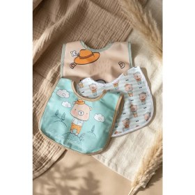 Resim Babydonat Little Gentleman Serisi 3'lü Lüks Pamuklu Bebek Mama Önlüğü - Mint Yeşili ve Bej Ayıcık Desenli Sıvı Geçirmez Ayarlanabilir Çıtçıtlı Set 0-12 Ay 