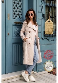 Resim Pastelastore Esnek Pamuk Gabardin Uzun 110cm Astarsız Kadın Trençkot 1117 Taş Rengi Taş 