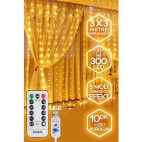 Resim Eser Ticarett Perde LED 3x3 Metre Kumandalı 8 Mod Ambiyans Ayarlabilir Boy Dekor Mikro LED Işık 