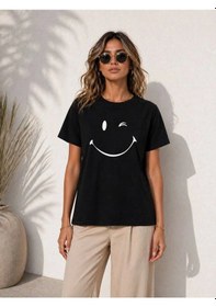 Resim Smile Kadın Minimal Gülümseyen Yüz Baskılı Tişört Kısa Kol Yazlık T-shirt - Siyah 