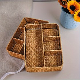 Resim 1 adet Şık Hasır Düzenleyici - Görüntü Penceresi ile Çok Bölümlü, Dekoratif Depolama Sepeti Ev ve Masa için, Doğal Rattan Tasarımı 