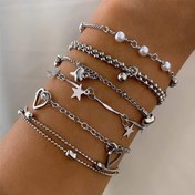 Resim 6 Parça Vintage Zarif Charm Seti, Püsküller, Yıldızlar, Kalpler ve İnci Kolyeler - Günlük ve Parti Giyimleri İçin Çinko Alaşımlı Geometrik Boş Kalp Bağlantı Zinciri Seti 