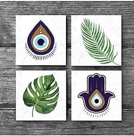 Resim Nazar, Fatma Ana Eli (Hamsa), Yaprak Taş Bardak Altlığı Seti - 4 Parça - Dekoratif, Rustik Mutfak Aksesuarı, 10x10 cm, Kaydırmaz Tabanlı, Şık ve Dayanıklı SC355 