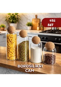Resim Porsima 4lü Ahşap Mantar Top Kapaklı Borosilikat Cam Kavanoz Seti Şekerlik Çerezlik Baharatlık Ve Saklama Kabı Renksiz 
