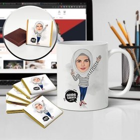 Resim Beyaz Başörtülü Kadın Karikatürlü Kupa ve Çikolata 