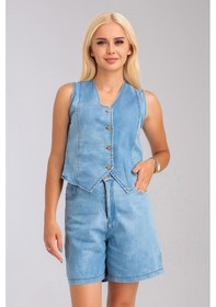 Resim Bold & Young Kadın Bleach Yıkama Lyocell İnce Denim Kumaş Kot Yelek Bleach Yıkama Mavi 