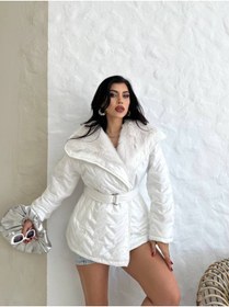 Resim buqre's moda Kemerli İçi Kürklü Şal Yaka Şişme Kapitone Mont 