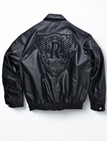 Resim A&O Style Erkek Siyah Oversize Astarlı Fortime Nakışlı Bomber Deri Mont Ceket 