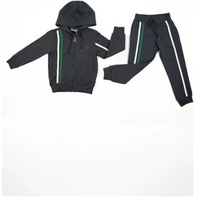 Resim Adisia Unisex Çocuk Gri Yeşil Beyaz Çizgili Kapüşonlu Mevsimlik Eşofman Takımı Gri 