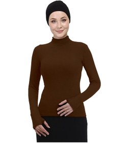 Resim Manolyaşal İslamic Hijab Hafif Balıkçı Yakalı Parmak Geçmeli Likralı Organik Kadın Body Çikolata 