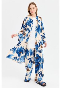 Resim Esswaap Sarmaşık Desen Baskılı Kimono Takım Mavi-mavi Mavi 