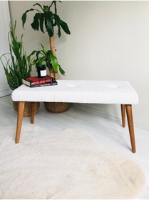 Resim ARLİN CONSEPT Ahşap Ayaklı Handmade Geniş Oturum Alanlı Beyaz Tedy Kumaş Pofidik Puf Bench Koltuk 