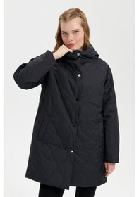 Resim Kadın Kapüşonlu Soğan Desenli Araboy Kapitone Kaban Siyah Siyah 