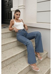 Resim Kadın Yüksek Bel Wide Leg Mavi Jean Pantolon Mavi 