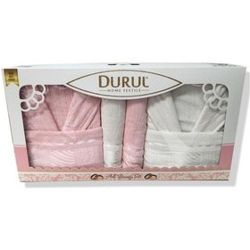 Resim Durul Kadife Jakarlı Aile Bornoz Seti / Pembe - Krem Krem - Pembe 