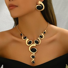 Resim 2 adet Moda ve Basit Kolye ve Küpe Seti, Klasik Siyah Oval Akrilik Bakır Alaşım Zincirli, Düzenli Boyutlu Kolye ve Küpe Seti 