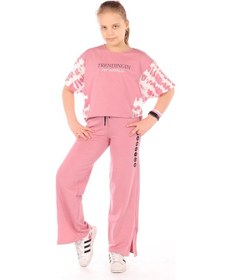 Resim Toontoy Kids Toontoy Kız Çocuk 2'li Takım Baskılı Kısa Kollu Sweatshirt & Beli Lastikli Yırtmaçlı Bol Paça Eşofman Altı - 30/1 Penye Gül Kurusu 