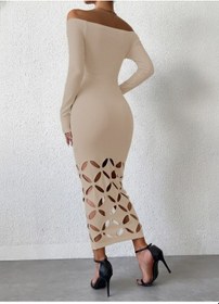 Resim Kadın Madonna Yaka Uzun Kollu Lazer Çiçek Kesim Detaylı Uzun Ithal Krep Elbise Bej 