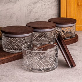 Resim Snippy Milla 5 Parça Tepsili Ahşap Vakumlu Kapaklı Cam Kahvaltılık Çok Amaçlı Cam Çerezlik 230ML 