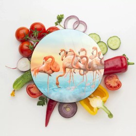 Resim Decovetro Cam Kesme Tahtası Yuvarlak Flamingo Desenli 30X30 cm 