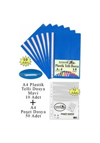Resim Telli Dosya Plastik A4 10 Lu Ve Poşet Dosya 50 Li 1 Paket Ekonomik Kaliteli Şeffaf Kapak Telli Dosya Okul Büro Ofis Mavi 