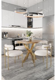 Resim Avvio Lea Mat Gold Ayak 4'lü Teddy Sandalye 90x90 Masa Sandalye Takımı Sandalye Bukle Kumaş Akça 