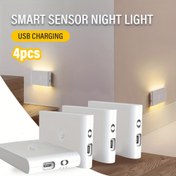 Resim 4 adet LED Gece Lambası, USB Şarj Edilebilir Hareket Sensörlü Duvar Lambası, Yatak Odası, Koridor, Dolap, Mutfak ve Perde için Uygun 