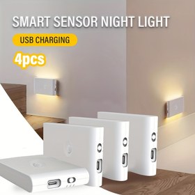Resim 4 adet LED Gece Lambası, USB Şarj Edilebilir Hareket Sensörlü Duvar Lambası, Yatak Odası, Koridor, Dolap, Mutfak ve Perde için Uygun 