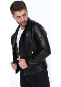 Resim Deriwork Hakiki Kuzu Derisi Bel Detaylı Fermuarlı Erkek Deri Ceket Siyah Siyah 