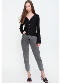 Resim Kadın Gold Düğme Detaylı Yumuşak Dokulu Triko Hırka 3007230 Siyah 