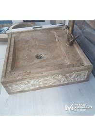 Resim Noche Traverten Rustik Kare Lavabo - Batarya Çıkışlı 