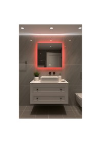 Resim Digital Hayat Dokunmatik Dimlenebilir Kırmızı Led Işıklı Kare Ayna Dekoratif Banyo Makyaj Aynası 50cm - 80cm Kırmızı 