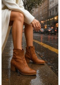 Resim Bej Süet Kadın Kısa Kovboy Kanvas Western Bot Tarçın Taba Süet 