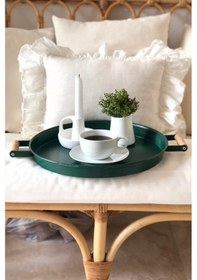 Resim Kitchen Trend 37 Cm Ahşap Kulplu Metal Yuvarlak Yeşil Tepsi Sunum 