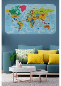Resim Türkçe Eğitici Ülke Ve Başkent Okyanus Detaylı Atlası Dünya Haritası Duvar Sticker -60x105-3865 Renkli 