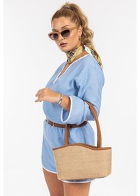 Resim Lovelystore Kadın Hasır El Omuz Çantası Yazlık Çanta Plaj Çantası Fermuarlı Astarlı 24x38 Krem 