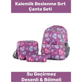 Resim Enenstyle Fermuarlı Geniş 1.kalite Su Geçirmez Desenli Bölmeli Üçlü Okul Kalemlik Beslenme Sırt Çanta Seti 