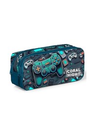 Resim Coral High Kids Nefti Gamer Desenli İki Bölmeli Kalem Çantası 12097 Petrol Mavi 