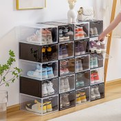 Resim 6'lı Paket Şeffaf Plastik Ayakkabı Organizer Kutuları, Manyetik Kapanış, Su Geçirmez Dikdörtgen Spor Ayakkabı Depolama Gösterim Kutuları, Çok Amaçlı Yığınlanabilir Ayakkabı Organizerleri, Siyah 
