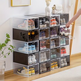 Resim 6'lı Paket Şeffaf Plastik Ayakkabı Organizer Kutuları, Manyetik Kapanış, Su Geçirmez Dikdörtgen Spor Ayakkabı Depolama Gösterim Kutuları, Çok Amaçlı Yığınlanabilir Ayakkabı Organizerleri, Siyah 