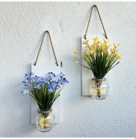 Resim Led Işıklı, Sarı Ve Mavi Nergis Çiçekli Duvar Dekoru Beyaz İkili Set Beyaz 