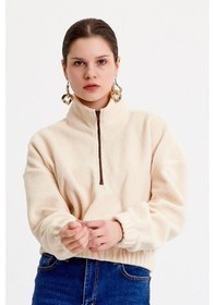 Resim JAHR MARC Ekru Crop Fit Kadın Peluş Sweatshirt 