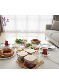 Resim Bambu Kapaklı 4 Lü Cam Saklama Kabı Seti Kare Kahvaltılık Kavanoz Seti Cam Baharatlık Açık Kahverengi 