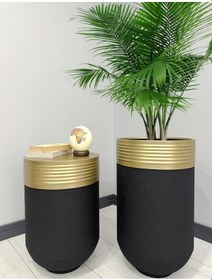 Resim Elegant Dekoratif Eskitme Darbuka Siyah Saksı 70cm + Sehpa 60cm İkili Set 