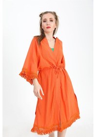 Resim Kimono Palmiye Baskılı Püsküllü - Turuncu-turuncu Turuncu 