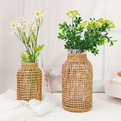 Resim 1 adet Boho Cam Çiçek Vazosu Rattan Kapaklı, Çiftlik Çiçek Tomurcuk Vazosu, Yuvarlak Dekoratif Çiçek Vazosu Çiçekli Kaplar Çiçek Şişesi Çiçek Düzenlemeleri Ev Partisi Ev Dekoru için 