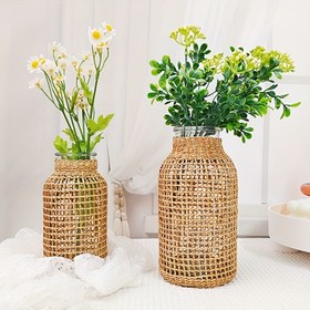 Resim 1 adet Boho Cam Çiçek Vazosu Rattan Kapaklı, Çiftlik Çiçek Tomurcuk Vazosu, Yuvarlak Dekoratif Çiçek Vazosu Çiçekli Kaplar Çiçek Şişesi Çiçek Düzenlemeleri Ev Partisi Ev Dekoru için 