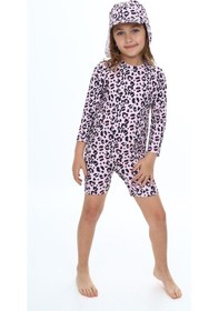 Resim Lolliboomkids Kız Çocuk Leopar Desenli Güneş Koruma Şapkalı 2'li Takım Uzun Kol Hipster Model Sırt Fermuarlı Hassas Ten Mayo Pembe - Siyah 