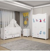 Resim Melina Yıldız 4 Kapaklı Bebek Odası + Yatak + Uyku Seti - Denizci Beyaz 